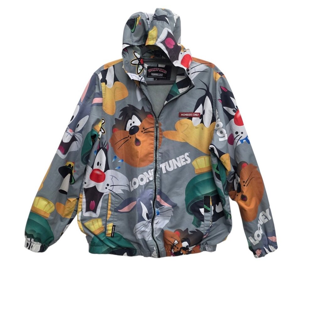MEMBERS ONLY Looney Tunes Men Windbreaker Hooded Full Zip Jacket Gray Medium